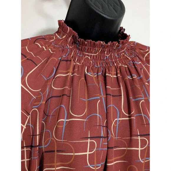 Worthington Long Sleeve Blouse Smocked Mock Neck Abstract Print Top Size L - Picture 5 of 8